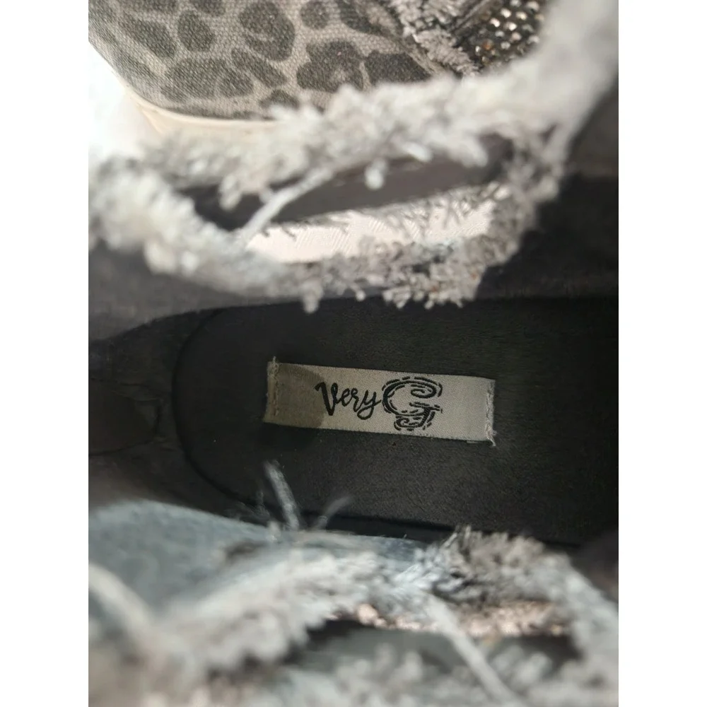 Very G Leopard Print High Top Sneakers Rhinestone Straps Grey Black Womens 8.5